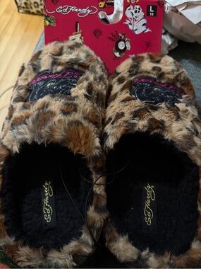 Ed Hardy Leopard Faux Fur Slide with Black Panther Patch - Brown/Black/Pink